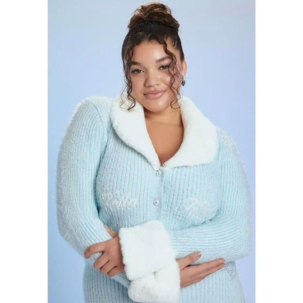 Hello Kitty Blue Ribbed Knit Cardigan With Faux Fur Collar & Cuffs Plus Size